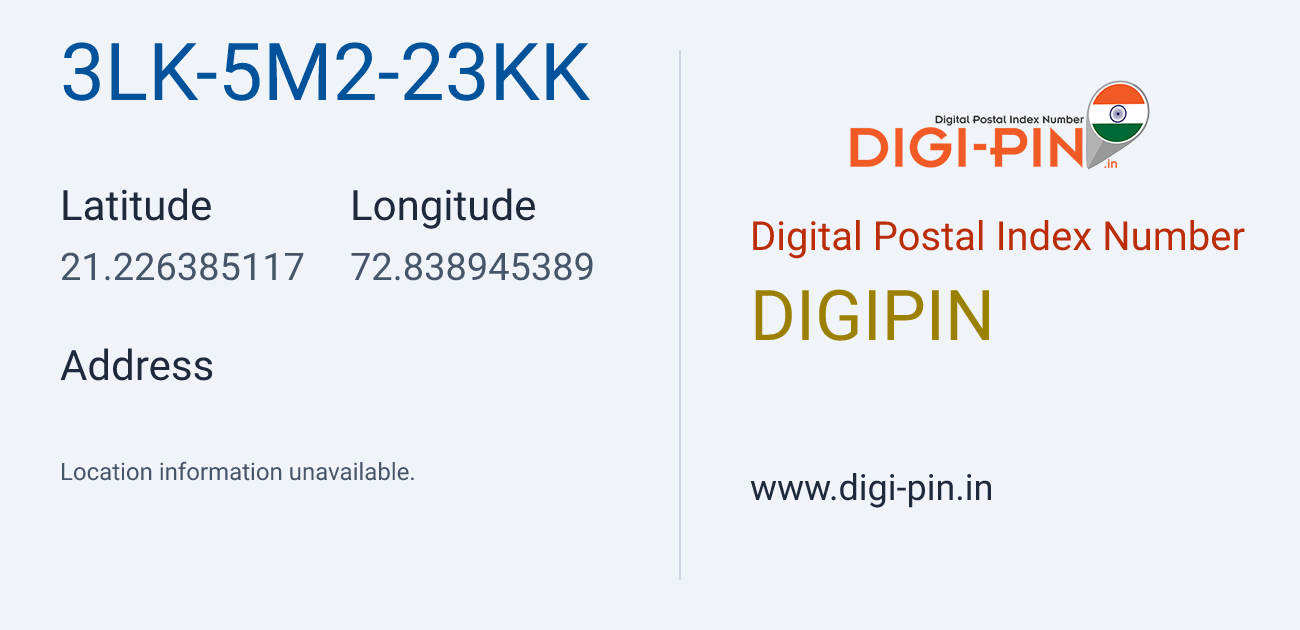 DigiPin 3LK-5M2-23KK location map showing coordinates 21.226385, 72.838945