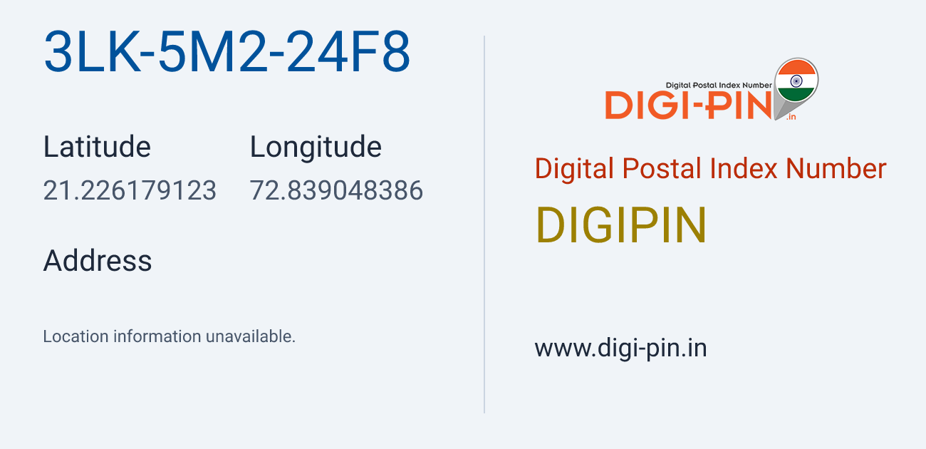 DigiPin 3LK-5M2-24F8 location map showing coordinates 21.226179, 72.839048