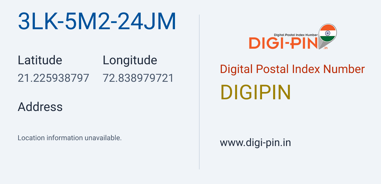 DigiPin 3LK-5M2-24JM location map showing coordinates 21.225939, 72.838980
