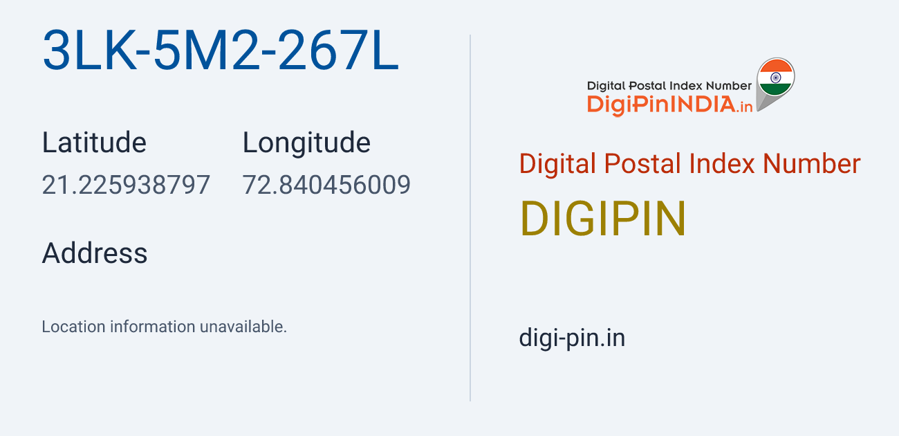 DigiPin 3LK-5M2-267L location map showing coordinates 21.225939, 72.840456