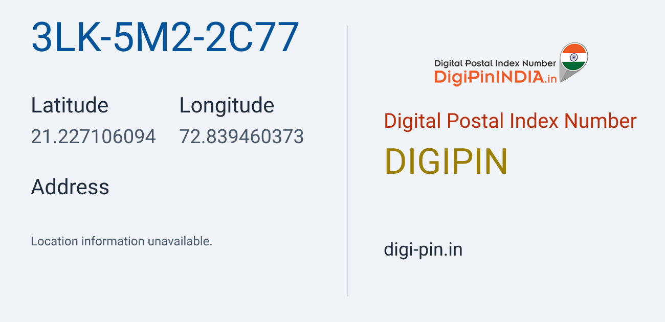 DigiPin 3LK-5M2-2C77 location map showing coordinates 21.227106, 72.839460