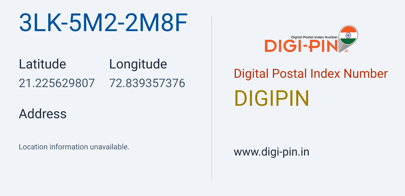 DigiPin 3LK-5M2-2M8F location map showing coordinates 21.225630, 72.839357