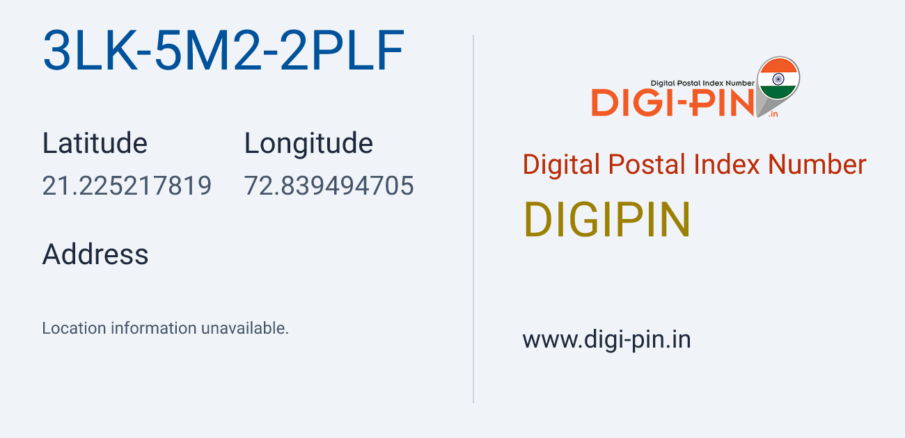 DigiPin 3LK-5M2-2PLF location map showing coordinates 21.225218, 72.839495
