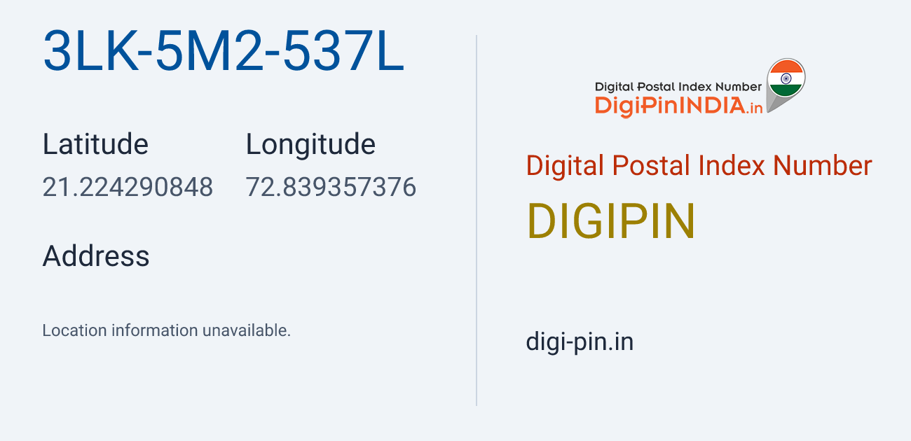 DigiPin 3LK-5M2-537L location map showing coordinates 21.224291, 72.839357