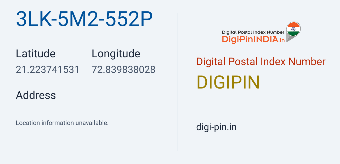 DigiPin 3LK-5M2-552P location map showing coordinates 21.223742, 72.839838