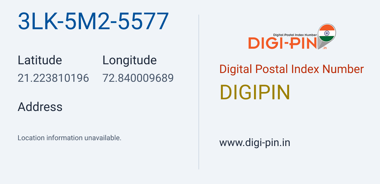 DigiPin 3LK-5M2-5577 location map showing coordinates 21.223810, 72.840010