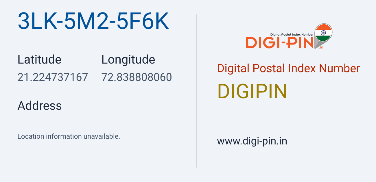 DigiPin 3LK-5M2-5F6K location map showing coordinates 21.224737, 72.838808