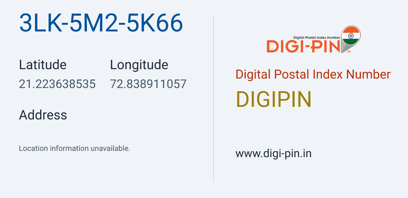 DigiPin 3LK-5M2-5K66 location map showing coordinates 21.223639, 72.838911