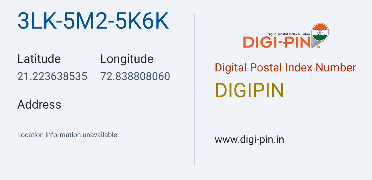 DigiPin 3LK-5M2-5K6K location map showing coordinates 21.223639, 72.838808