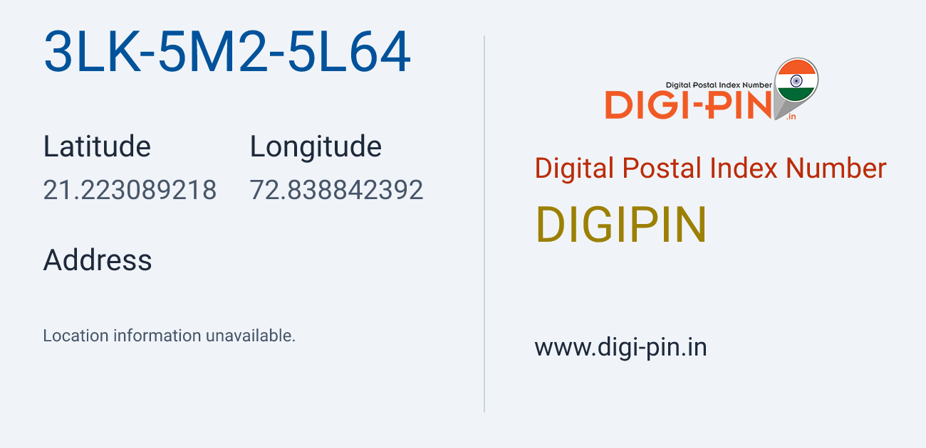 DigiPin 3LK-5M2-5L64 location map showing coordinates 21.223089, 72.838842