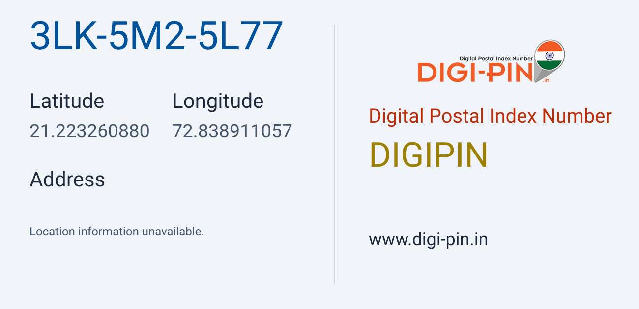 DigiPin 3LK-5M2-5L77 location map showing coordinates 21.223261, 72.838911
