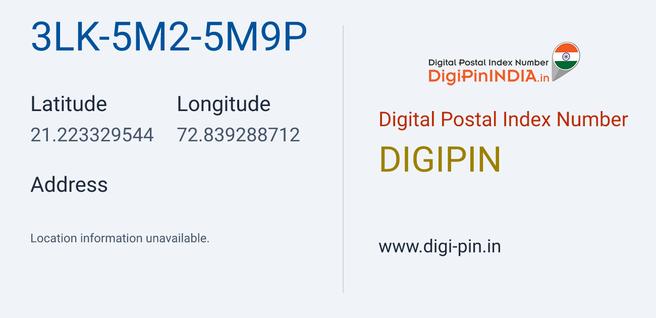 DigiPin 3LK-5M2-5M9P location map showing coordinates 21.223330, 72.839289