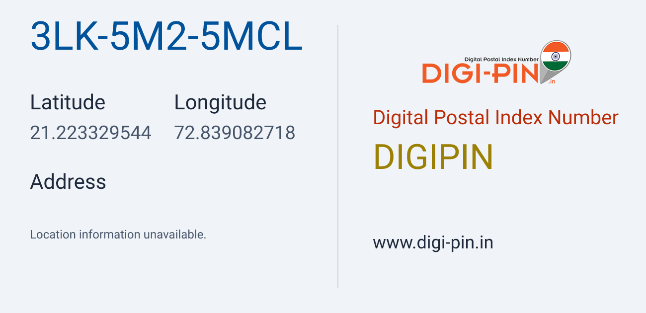 DigiPin 3LK-5M2-5MCL location map showing coordinates 21.223330, 72.839083