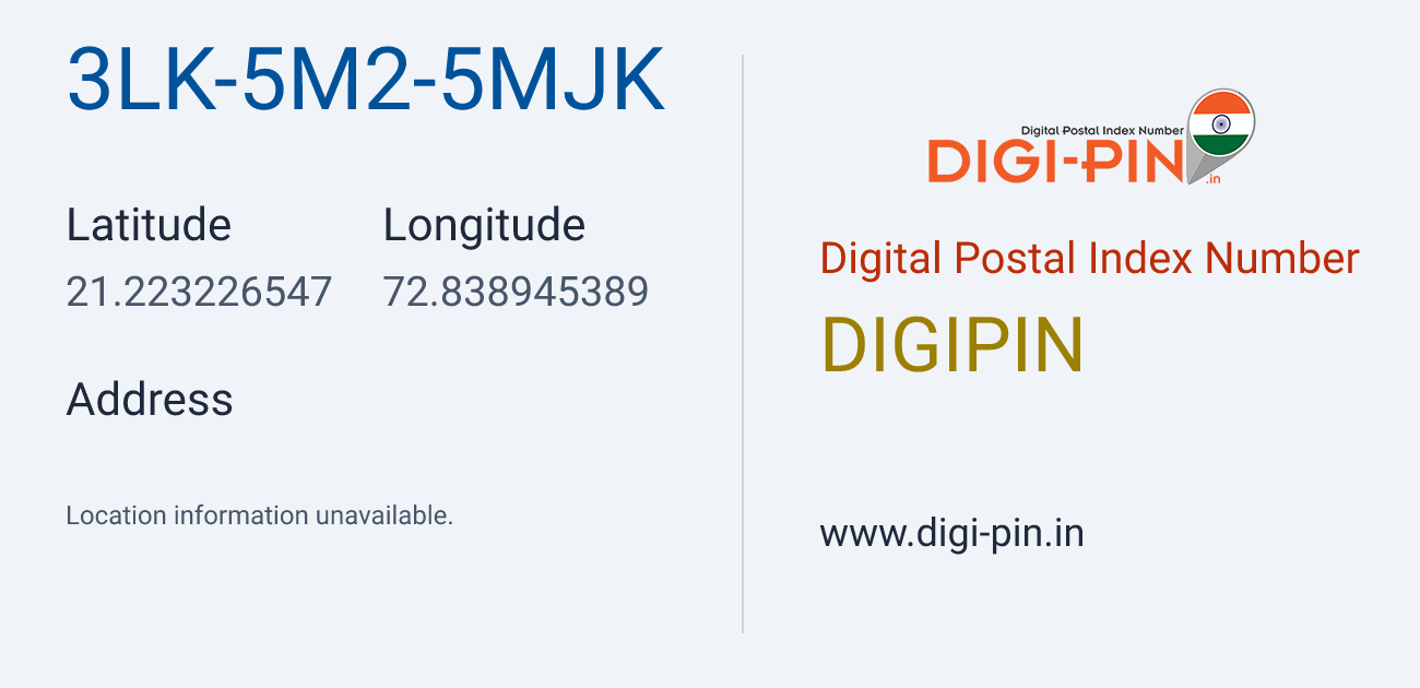 DigiPin 3LK-5M2-5MJK location map showing coordinates 21.223227, 72.838945