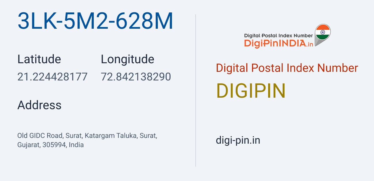 DigiPin 3LK-5M2-628M location map showing coordinates 21.224428, 72.842138