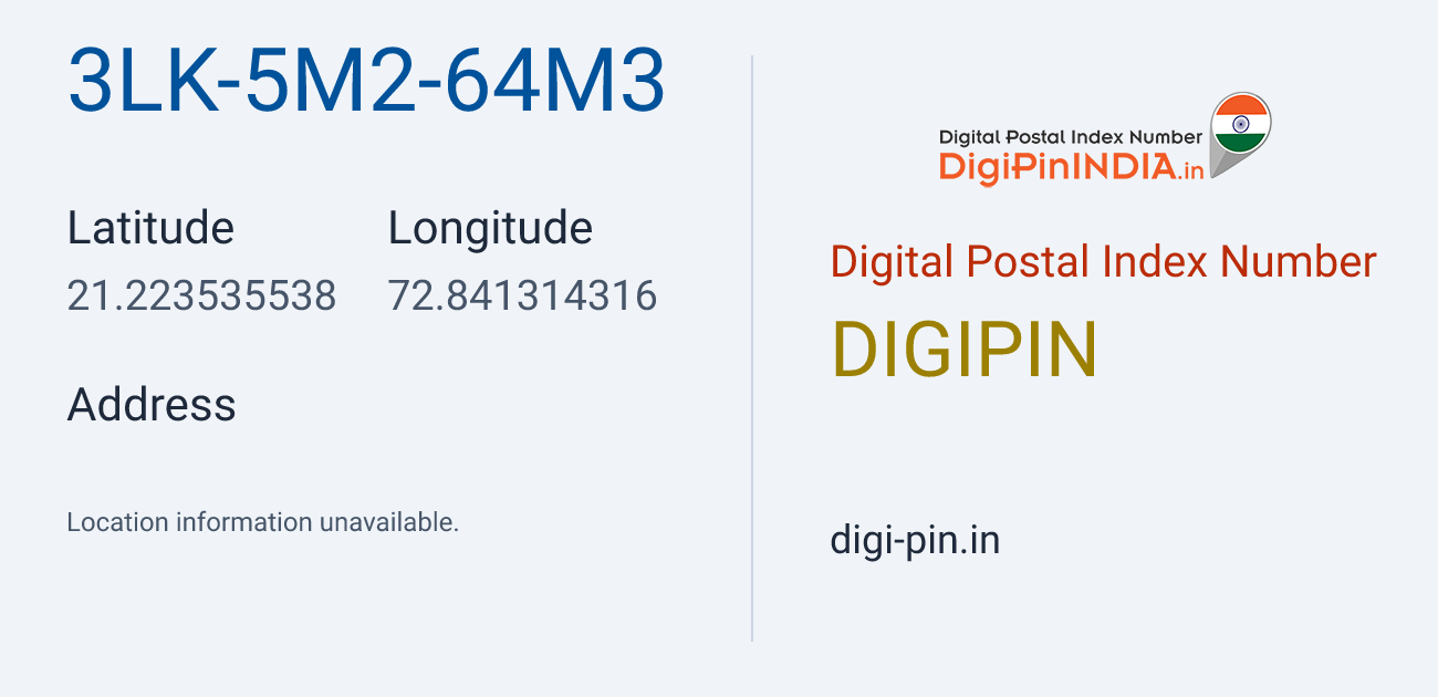 DigiPin 3LK-5M2-64M3 location map showing coordinates 21.223536, 72.841314