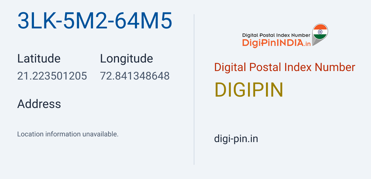 DigiPin 3LK-5M2-64M5 location map showing coordinates 21.223501, 72.841349