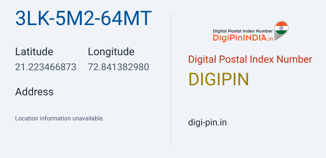 DigiPin 3LK-5M2-64MT location map showing coordinates 21.223467, 72.841383