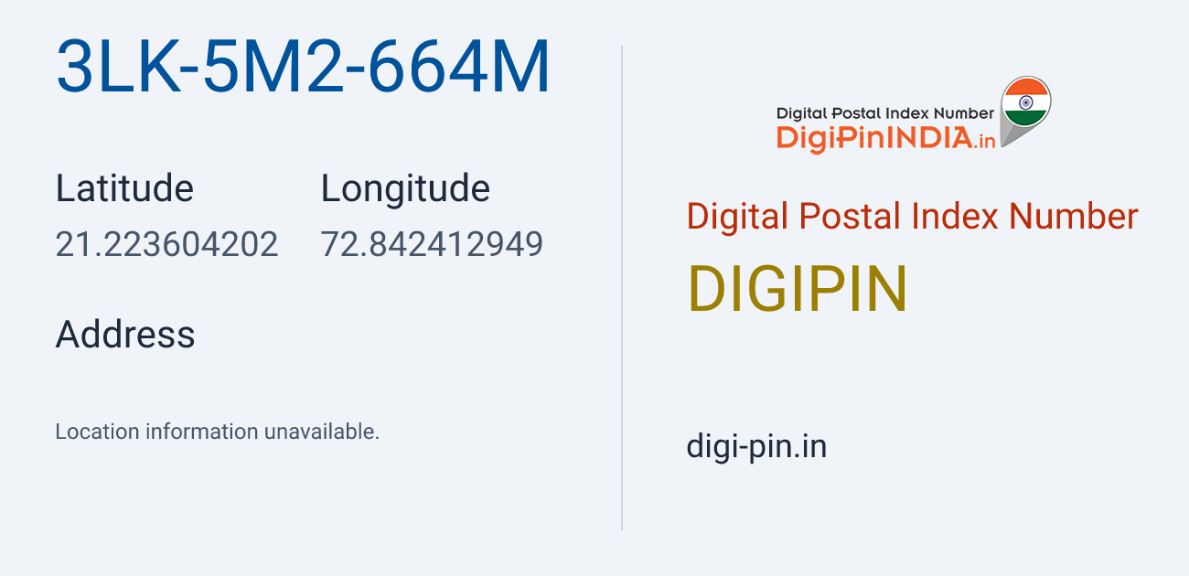 DigiPin 3LK-5M2-664M location map showing coordinates 21.223604, 72.842413