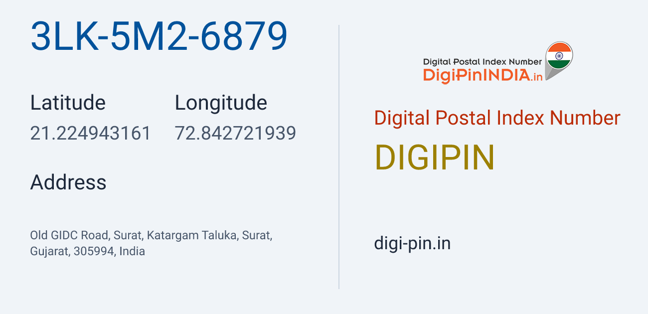 DigiPin 3LK-5M2-6879 location map showing coordinates 21.224943, 72.842722