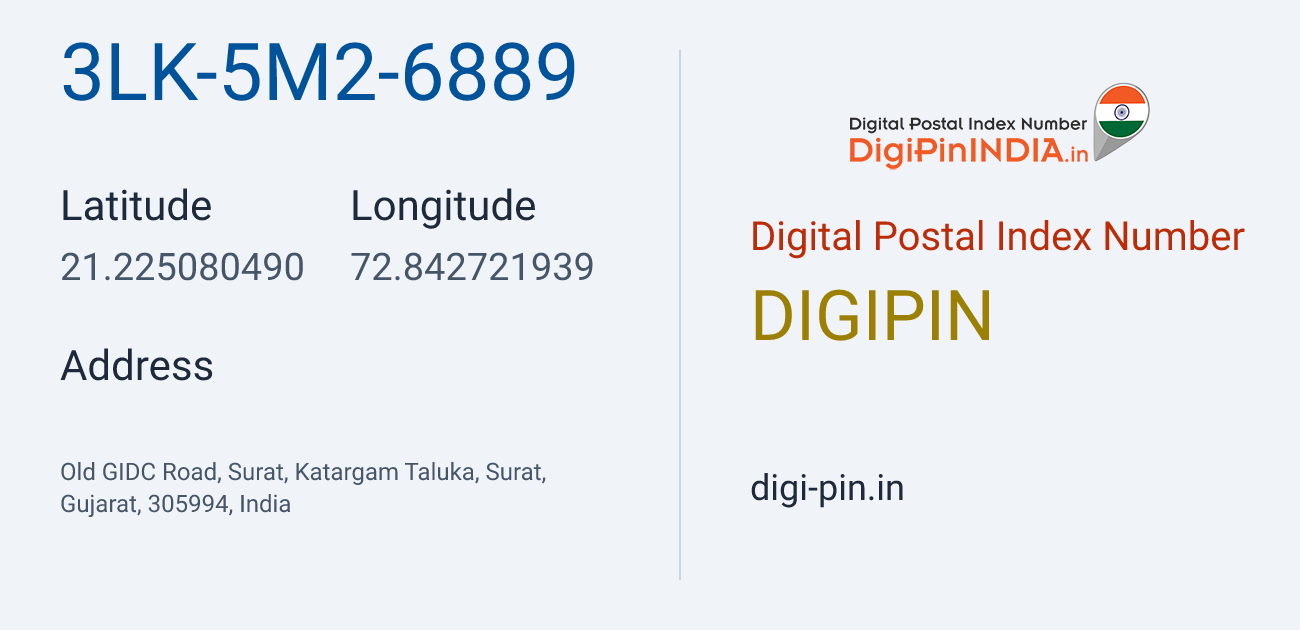 DigiPin 3LK-5M2-6889 location map showing coordinates 21.225080, 72.842722