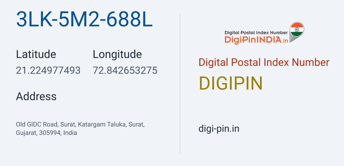 DigiPin 3LK-5M2-688L location map showing coordinates 21.224977, 72.842653