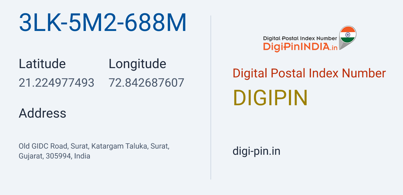 DigiPin 3LK-5M2-688M location map showing coordinates 21.224977, 72.842688