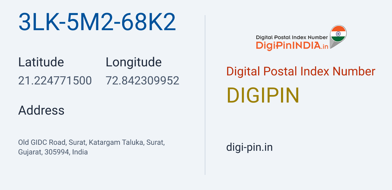 DigiPin 3LK-5M2-68K2 location map showing coordinates 21.224771, 72.842310