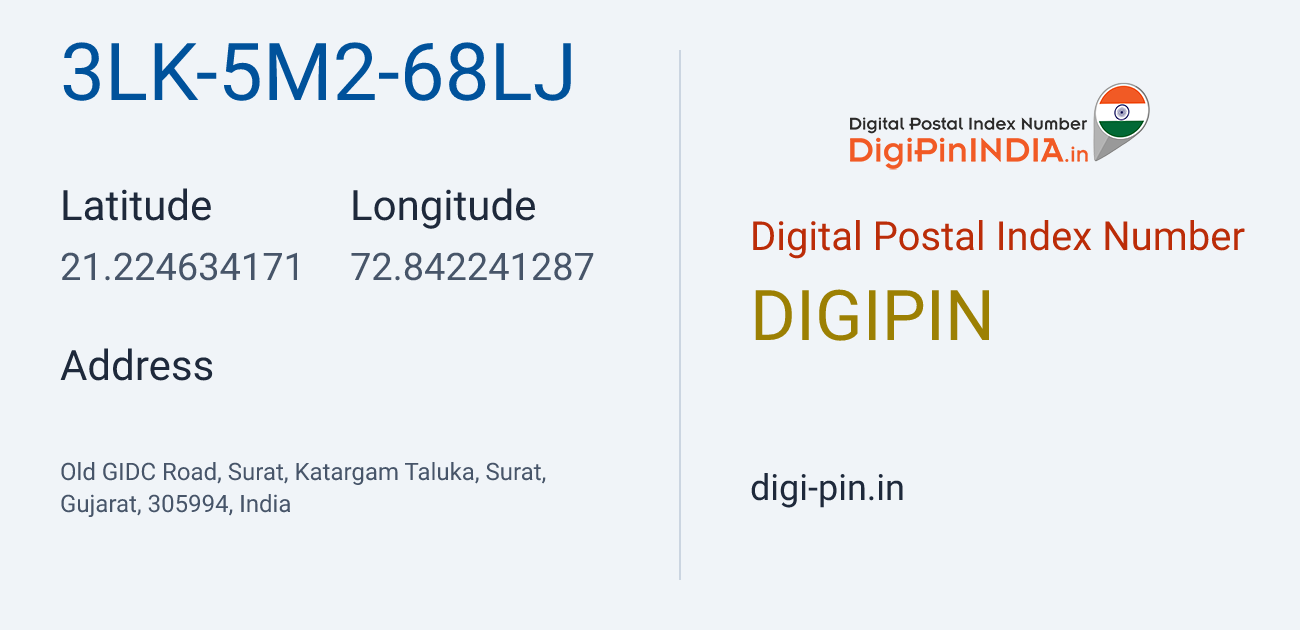DigiPin 3LK-5M2-68LJ location map showing coordinates 21.224634, 72.842241