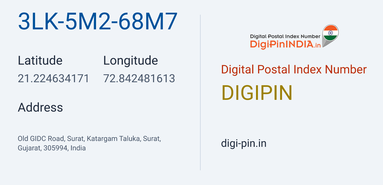 DigiPin 3LK-5M2-68M7 location map showing coordinates 21.224634, 72.842482