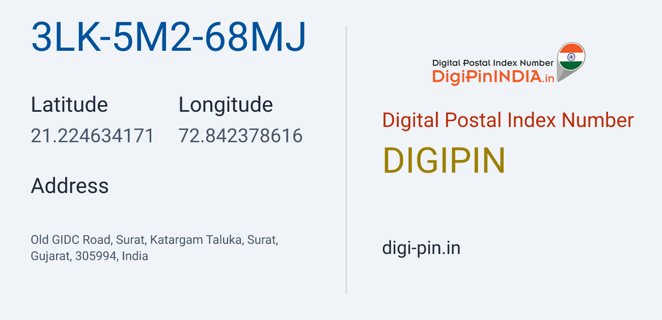 DigiPin 3LK-5M2-68MJ location map showing coordinates 21.224634, 72.842379