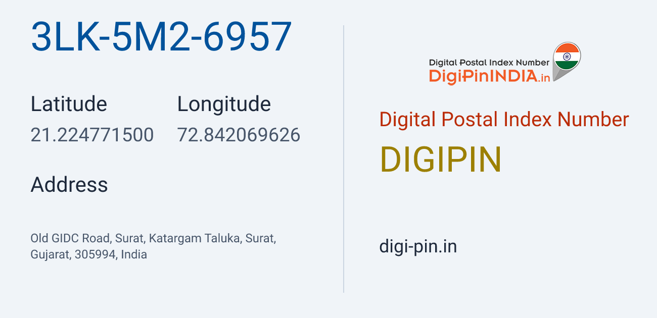 DigiPin 3LK-5M2-6957 location map showing coordinates 21.224771, 72.842070