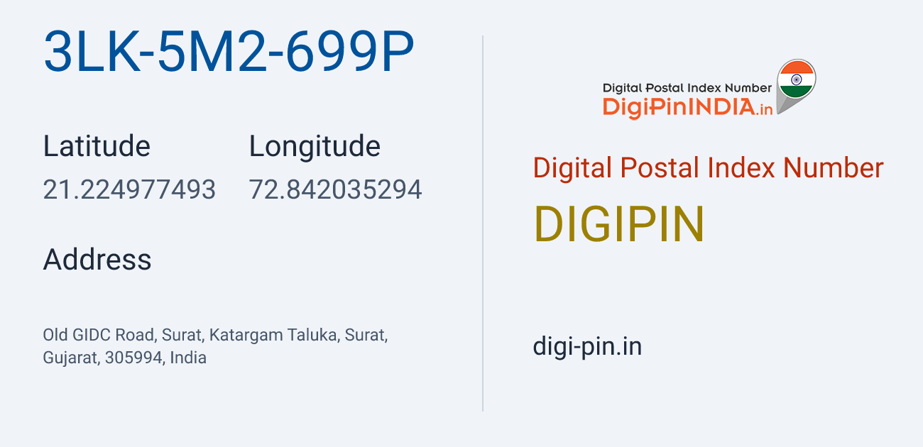 DigiPin 3LK-5M2-699P location map showing coordinates 21.224977, 72.842035