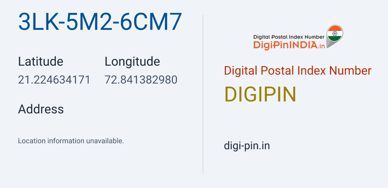 DigiPin 3LK-5M2-6CM7 location map showing coordinates 21.224634, 72.841383