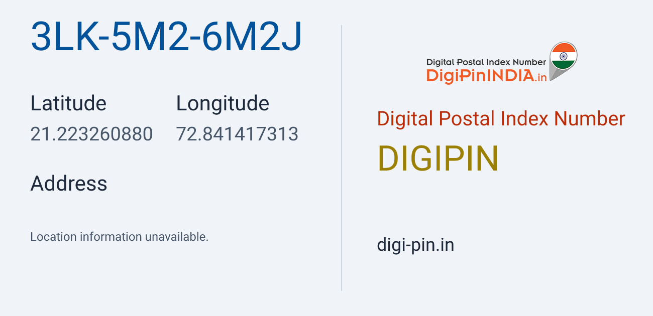 DigiPin 3LK-5M2-6M2J location map showing coordinates 21.223261, 72.841417