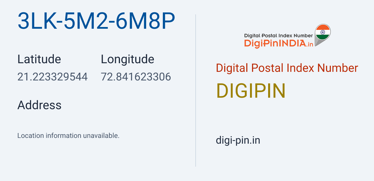 DigiPin 3LK-5M2-6M8P location map showing coordinates 21.223330, 72.841623