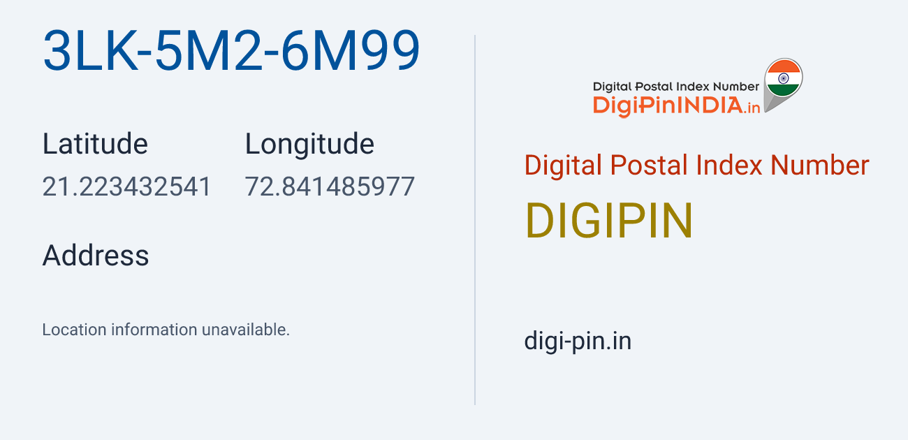 DigiPin 3LK-5M2-6M99 location map showing coordinates 21.223433, 72.841486
