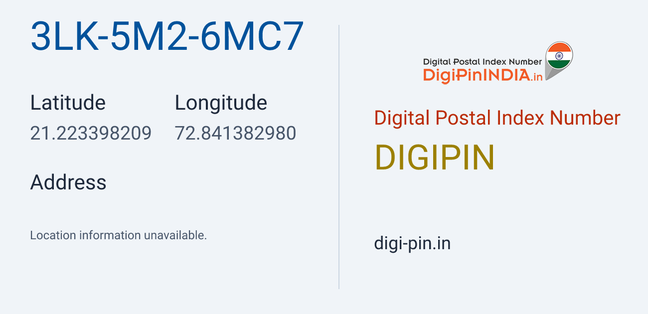 DigiPin 3LK-5M2-6MC7 location map showing coordinates 21.223398, 72.841383