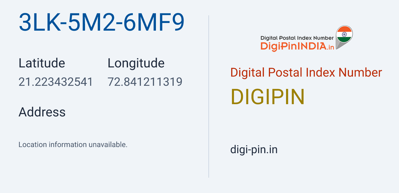 DigiPin 3LK-5M2-6MF9 location map showing coordinates 21.223433, 72.841211