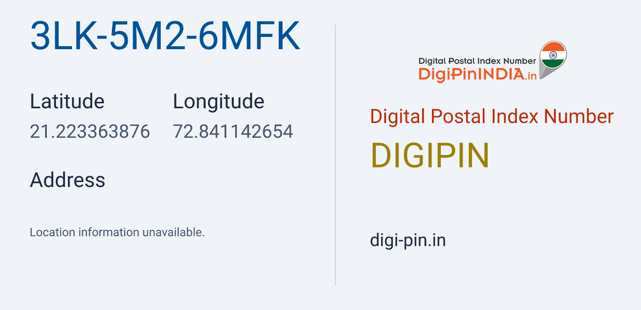 DigiPin 3LK-5M2-6MFK location map showing coordinates 21.223364, 72.841143