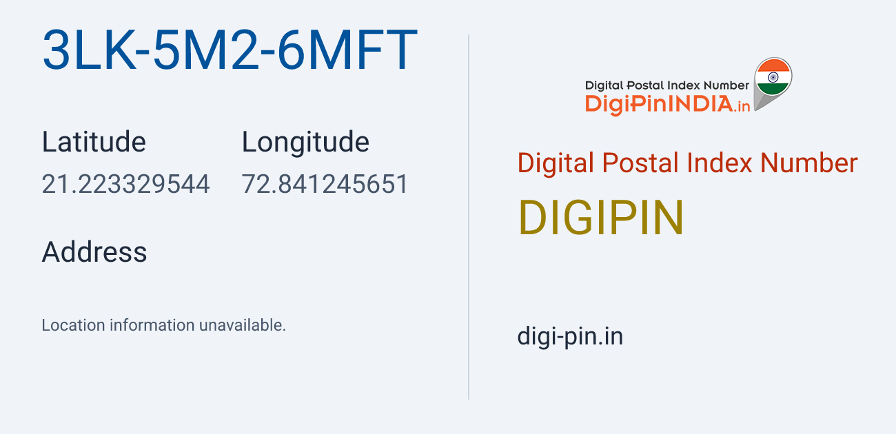 DigiPin 3LK-5M2-6MFT location map showing coordinates 21.223330, 72.841246