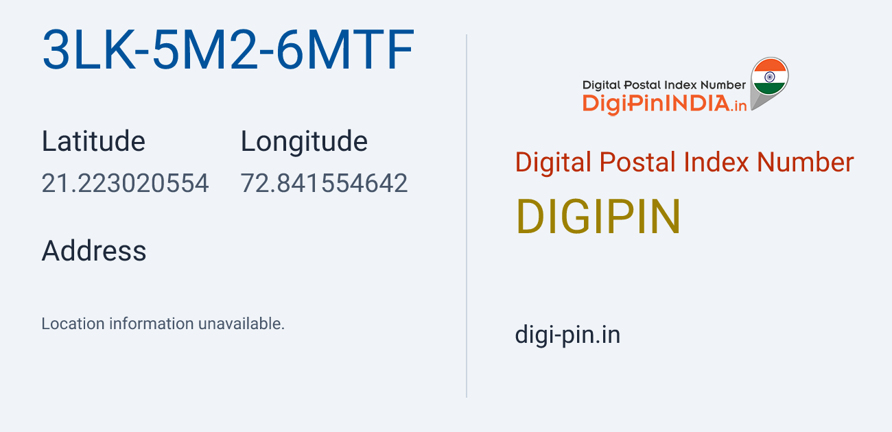 DigiPin 3LK-5M2-6MTF location map showing coordinates 21.223021, 72.841555