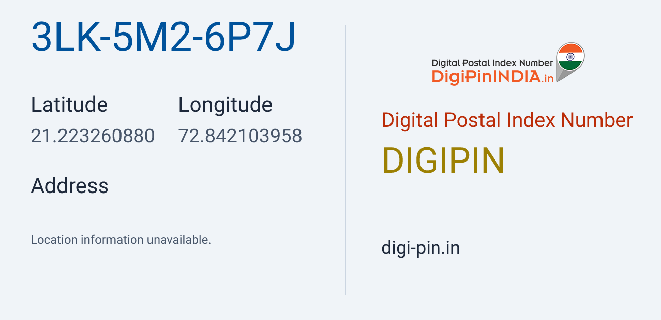 DigiPin 3LK-5M2-6P7J location map showing coordinates 21.223261, 72.842104