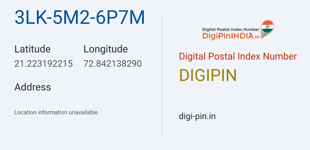 DigiPin 3LK-5M2-6P7M location map showing coordinates 21.223192, 72.842138