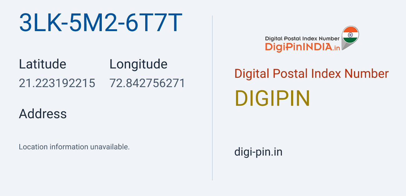 DigiPin 3LK-5M2-6T7T location map showing coordinates 21.223192, 72.842756
