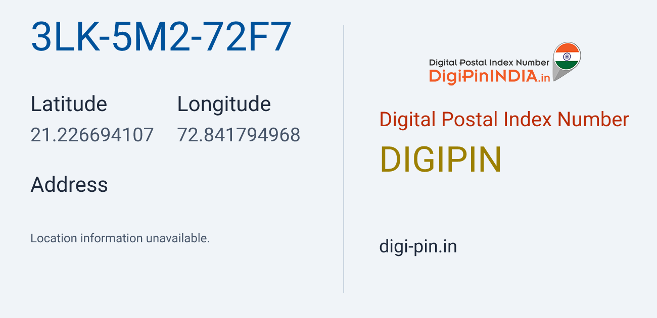 DigiPin 3LK-5M2-72F7 location map showing coordinates 21.226694, 72.841795