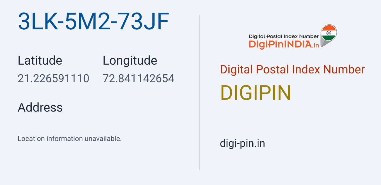 DigiPin 3LK-5M2-73JF location map showing coordinates 21.226591, 72.841143
