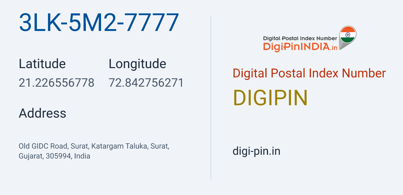 DigiPin 3LK-5M2-7777 location map showing coordinates 21.226557, 72.842756