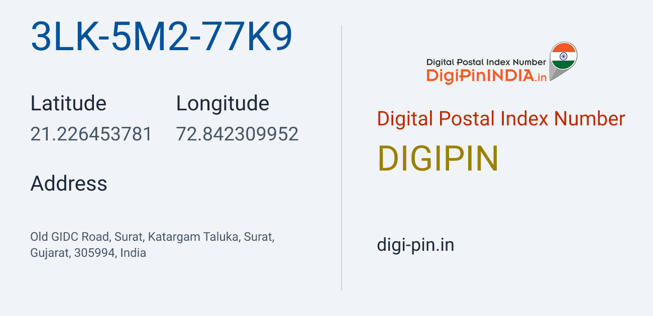 DigiPin 3LK-5M2-77K9 location map showing coordinates 21.226454, 72.842310