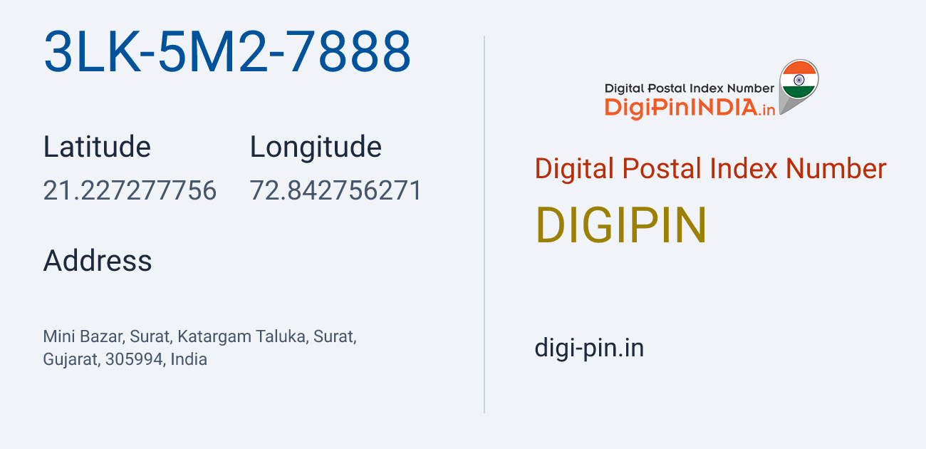 DigiPin 3LK-5M2-7888 location map showing coordinates 21.227278, 72.842756